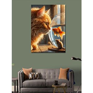 Kanvas Tablo Akvaryumdaki Balığa Bakan Kedi 70x100 cm