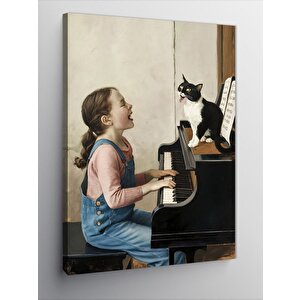 Kanvas Tablo Piyano Çalan Kız Ve Kedi