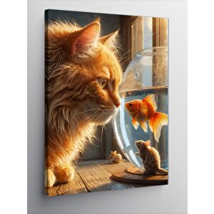 Kanvas Tablo Akvaryumdaki Balığa Bakan Kedi