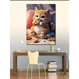 Kanvas Tablo Çikolatalı Kurabiye Yiyen Kedi 100x140 cm