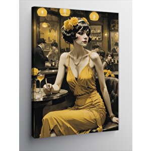 Kanvas Tablo Sarı Elbiseli Retro Kadın 100x140 cm