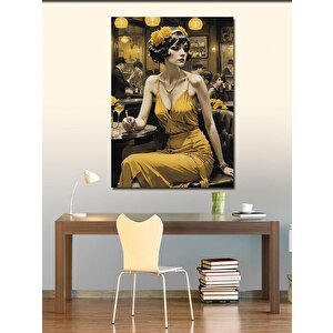 Kanvas Tablo Sarı Elbiseli Retro Kadın 100x140 cm