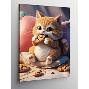 Kanvas Tablo Çikolatalı Kurabiye Yiyen Kedi