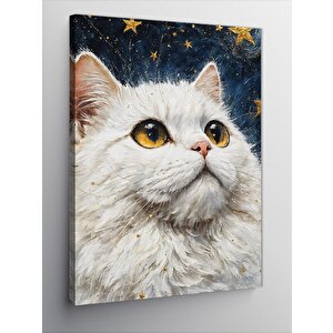 Kanvas Tablo Beyaz Kedi Ve Yıldızlar 70x100 cm