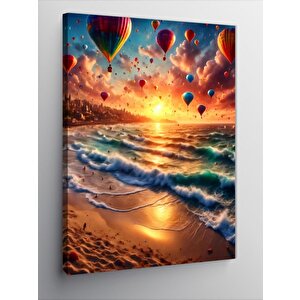 Kanvas Tablo Gün Batımındaki Sahil Ve Uçan Balonlar 100x140 cm