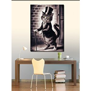 Kanvas Tablo Takım Elbiseli Kedi Ve Bastonu 70x100 cm