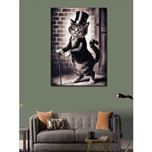 Kanvas Tablo Takım Elbiseli Kedi Ve Bastonu 100x140 cm