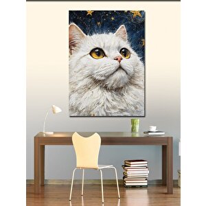 Kanvas Tablo Beyaz Kedi Ve Yıldızlar