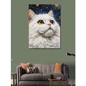 Kanvas Tablo Beyaz Kedi Ve Yıldızlar