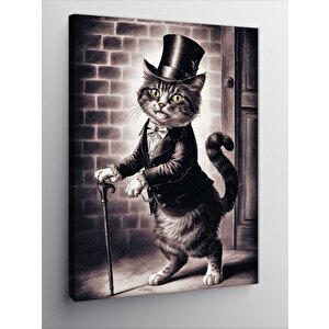 Kanvas Tablo Takım Elbiseli Kedi Ve Bastonu