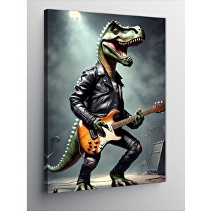 Kanvas Tablo Elektro Gitar Çalan Dinozor