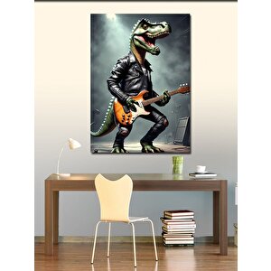 Kanvas Tablo Elektro Gitar Çalan Dinozor