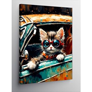 Kanvas Tablo Retro Araba Ve Gözlüklü Kedi