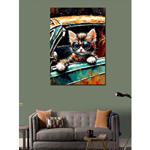 Kanvas Tablo Retro Araba Ve Gözlüklü Kedi