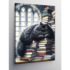 Kanvas Tablo Siyah Kedi Ve Kitaplar 70x100 cm