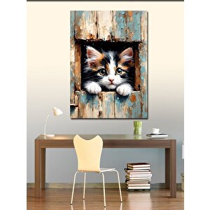 Kanvas Tablo Yavru Kedi Ve Ahşap Kapı