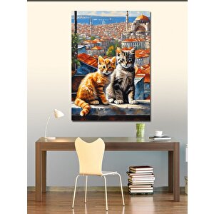 Kanvas Tablo Sevimli Kediler Ve Şehir Manzarası 70x100 cm
