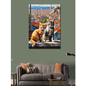 Kanvas Tablo Sevimli Kediler Ve Şehir Manzarası 70x100 cm