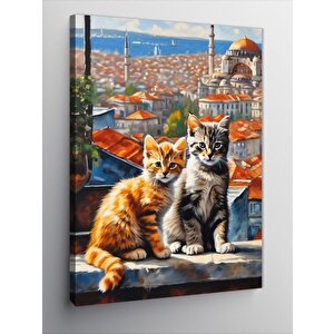 Kanvas Tablo Sevimli Kediler Ve Şehir Manzarası