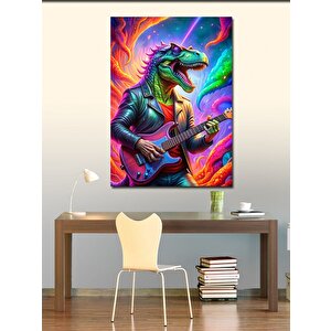 Kanvas Tablo Elektro Gitar Çalan Gözlüklü Dinozor 70x100 cm