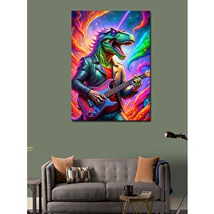 Kanvas Tablo Elektro Gitar Çalan Gözlüklü Dinozor 70x100 cm