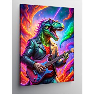 Kanvas Tablo Elektro Gitar Çalan Gözlüklü Dinozor