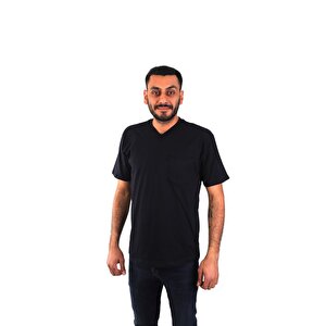 V Yaka Kısa Kol İş Tişörtü - Cepli - Regular Fit - Lacivert 2XL
