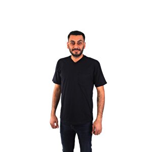 V Yaka Kısa Kol İş Tişörtü - Cepli - Regular Fit - Lacivert L