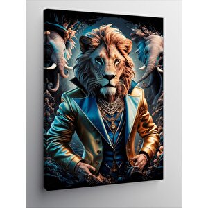Kanvas Tablo Takım Elbiseli Aslan Ve Filler 100x140 cm