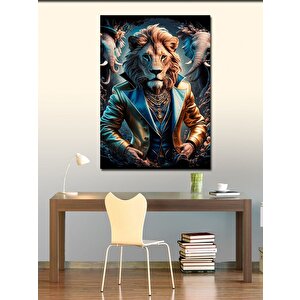Kanvas Tablo Takım Elbiseli Aslan Ve Filler 100x140 cm