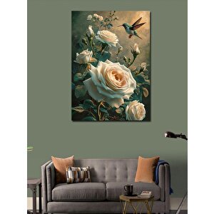 Kanvas Tablo Beyaz Gül Ve Kuş 70x100 cm