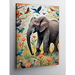 Kanvas Tablo Renkli Kuşlar Ve Fil 70x100 cm