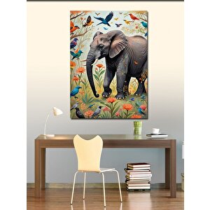 Kanvas Tablo Renkli Kuşlar Ve Fil 70x100 cm