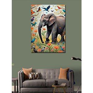Kanvas Tablo Renkli Kuşlar Ve Fil 70x100 cm