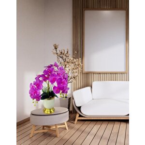Yapay Çiçek 3lü Fuşya Orkide Metal Krem Gold Saksıda Orkide 60cm
