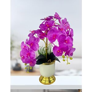 Yapay Çiçek 3lü Fuşya Orkide Metal Krem Gold Saksıda Orkide 60cm