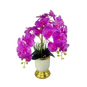 Yapay Çiçek 3lü Fuşya Orkide Metal Krem Gold Saksıda Orkide 60cm