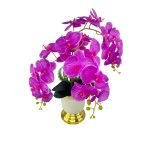 Yapay Çiçek 3lü Fuşya Orkide Metal Krem Gold Saksıda Orkide 60cm