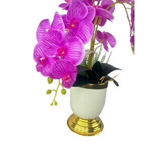 Yapay Çiçek 3lü Fuşya Orkide Metal Krem Gold Saksıda Orkide 60cm