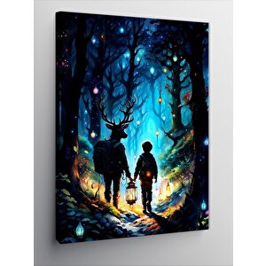 Kanvas Tablo Geyik Ve Çocuk Noel'de Orman 100x140 cm