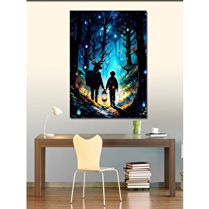 Kanvas Tablo Geyik Ve Çocuk Noel'de Orman 70x100 cm