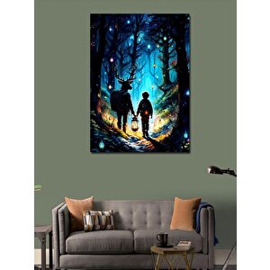 Kanvas Tablo Geyik Ve Çocuk Noel'de Orman 70x100 cm