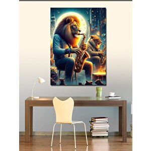 Kanvas Tablo Saksafon Çalan Takım Elbiseli Aslanlar 70x100 cm