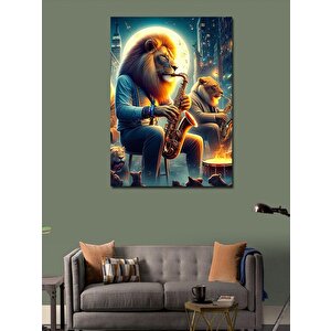 Kanvas Tablo Saksafon Çalan Takım Elbiseli Aslanlar 70x100 cm
