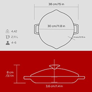 Döküm Yuvarlak Kızartma Tavası Cam Kapaklı Döküm Demir Yekpare Çift Kulplu Çap(ø)30cm. Kırmızı