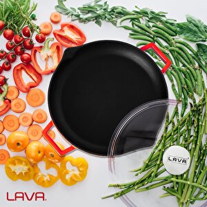 Lava Döküm Yuvarlak Kızartma Tavası Cam Kapaklı Döküm Demir Yekpare Çift Kulplu Çap(ø)30cm.