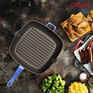Lava Döküm Kare Izgara Tava Döküm Demir Yekpare Saplı Ölçü 28x28cm.