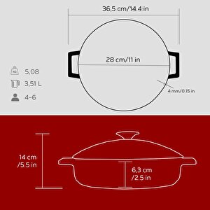 Lava Döküm Çok Amaçlı Yayvan Tencere. Glaze Serisi Çap(ø)28cm.