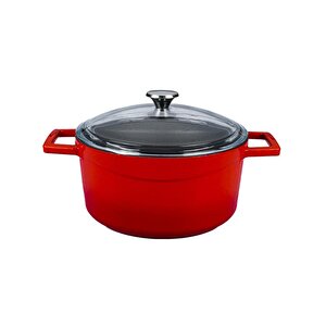 Döküm Yuvarlak Tencere Cam Kapaklı. Glaze Çap(ø)20cm. Kırmızı