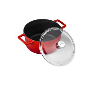 Döküm Yuvarlak Tencere Cam Kapaklı. Glaze Çap(ø)20cm. Kırmızı